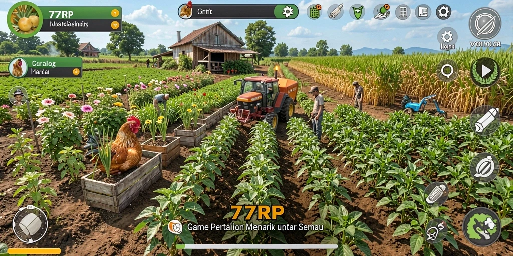 Tangkapan layar dari gameplay <strong>77RP</strong> yang menampilkan aktivitas pertanian yang menyenangkan.