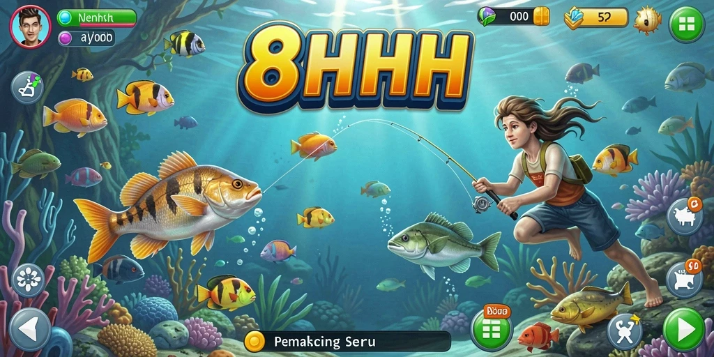 Screenshot gameplay 8HHH menampilkan momen menangkap ikan yang menegangkan.