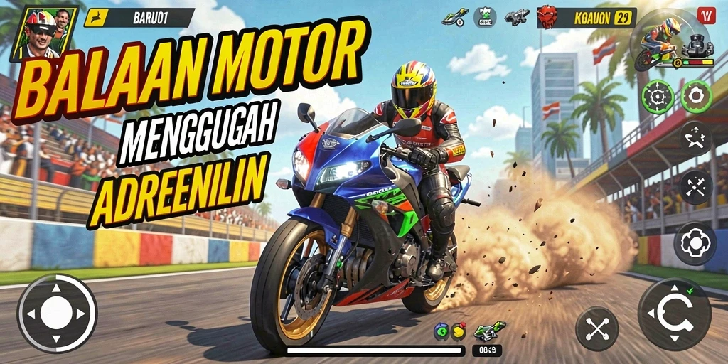 Screenshot gameplay BARU01 menampilkan balapan motor yang seru dan menegangkan.