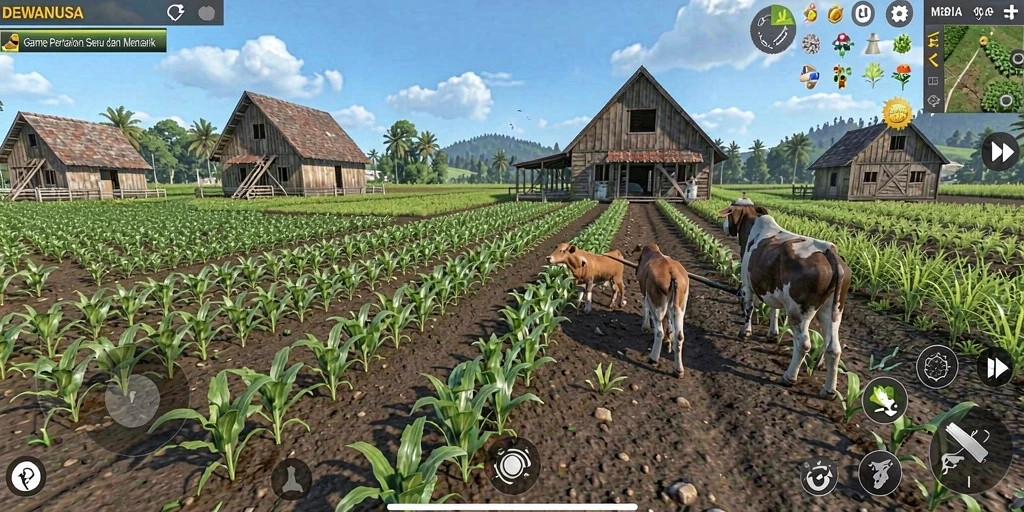 Tampilan gameplay DEWANUSA dengan pertanian yang interaktif.