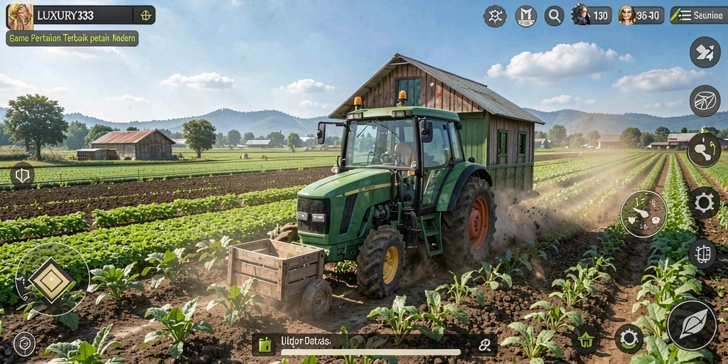 Tampilan gameplay LUXURY333 dengan ladang yang subur dan berwarna-warni.